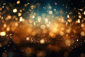 AI Generated Abstract gold bright light glittering bokeh blur background. Generative AI photo