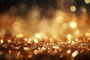 AI Generated Abstract gold bright light glittering bokeh blur background. Generative AI photo