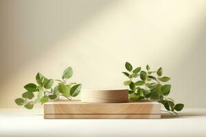 AI Generated Wooden and Nature podium and beautiful lighting. Background for product presentation. Generative AI photo