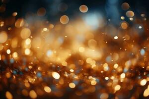 AI Generated Abstract gold bright light glittering bokeh blur background. Generative AI photo