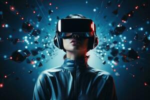 AI Generated A woman wearing VR headset user, surreal world and virtual reality, colorful flowers fields. Generative AI photo