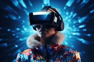 AI Generated A woman wearing VR headset user, surreal world and virtual reality, colorful flowers fields. Generative AI photo