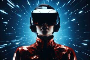 AI Generated A woman wearing VR headset user, surreal world and virtual reality, colorful flowers fields. Generative AI photo