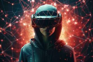 AI Generated A woman wearing VR headset user, surreal world and virtual reality, colorful flowers fields. Generative AI photo