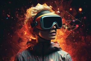 AI Generated A woman wearing VR headset user, surreal world and virtual reality, colorful flowers fields. Generative AI photo