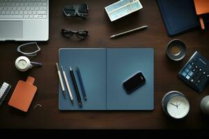 AI Generated Top view Office desk with office tools, computer laptop on wood table background with copy space. Generative AI photo