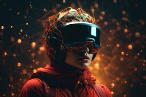 ai generado un mujer vistiendo vr auriculares usuario, surrealista mundo y virtual realidad, vistoso flores campos. generativo ai foto