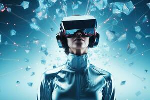 AI Generated A woman wearing VR headset user, surreal world and virtual reality, colorful flowers fields. Generative AI photo