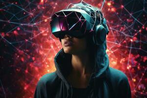 AI Generated A woman wearing VR headset user, surreal world and virtual reality, colorful flowers fields. Generative AI photo