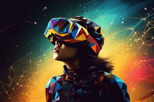 AI Generated A woman wearing VR headset user, surreal world and virtual reality, colorful flowers fields. Generative AI photo