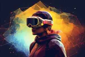 AI Generated A woman wearing VR headset user, surreal world and virtual reality, colorful flowers fields. Generative AI photo