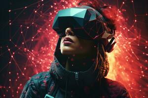 AI Generated A woman wearing VR headset user, surreal world and virtual reality, colorful flowers fields. Generative AI photo