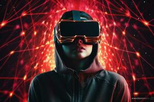 AI Generated A woman wearing VR headset user, surreal world and virtual reality, colorful flowers fields. Generative AI photo