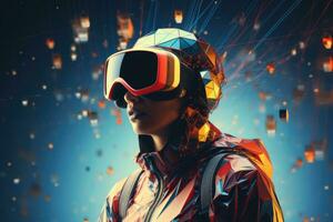 AI Generated A woman wearing VR headset user, surreal world and virtual reality, colorful flowers fields. Generative AI photo
