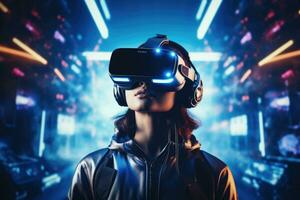 AI Generated A woman wearing VR headset user, surreal world and virtual reality, colorful flowers fields. Generative AI photo