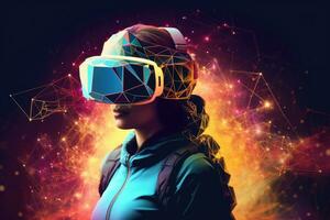 AI Generated A woman wearing VR headset user, surreal world and virtual reality, colorful flowers fields. Generative AI photo