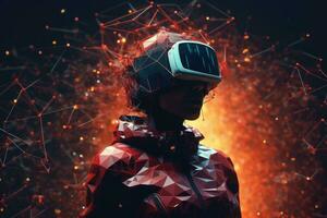 AI Generated A woman wearing VR headset user, surreal world and virtual reality, colorful flowers fields. Generative AI photo