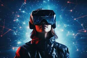AI Generated A woman wearing VR headset user, surreal world and virtual reality, colorful flowers fields. Generative AI photo