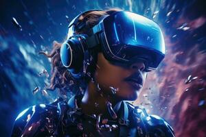 AI Generated A woman wearing VR headset user, surreal world and virtual reality, colorful flowers fields. Generative AI photo