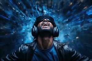 AI Generated A man wearing VR headset user, surreal world and virtual reality, colorful flowers fields. Generative AI photo