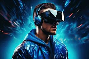 AI Generated A man wearing VR headset user, surreal world and virtual reality, colorful flowers fields. Generative AI photo