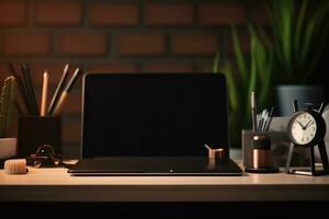 AI Generated Front view Office desk with office tools, computer laptop on wood table background with copy space. Generative AI photo