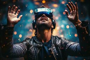 AI Generated A man wearing VR headset user, surreal world and virtual reality, colorful flowers fields. Generative AI photo