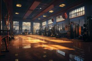 AI Generated Interior view of a gym with equipment, GYM Background. Generative AI photo