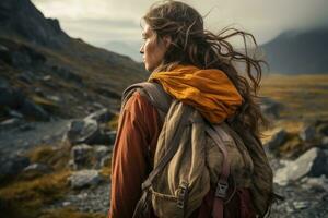 AI Generated Adventurous Sportive Girl hiking at a Mountains. Generative AI photo