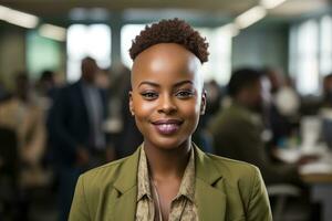 AI Generated Successful American African business woman looking confident and smiling. Generative AI photo