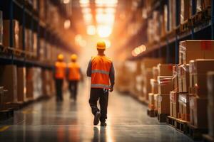 AI Generated A large warehouse with rows of multiple stacks of boxes and merchandise, forklift loads pallets and boxes in warehouse. Generative AI photo
