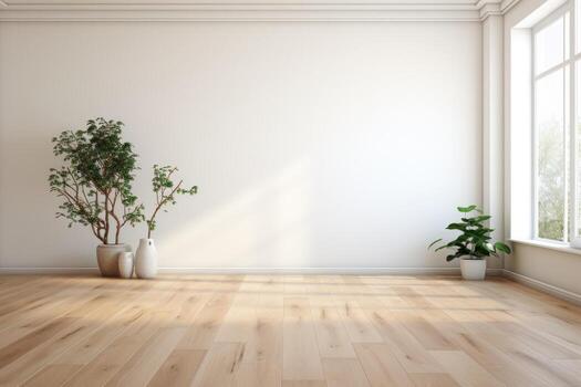 AI Generated Empty room and wall and wooden floor with interesting with glare from the window. Interior background for the presentation. Generative AI photo