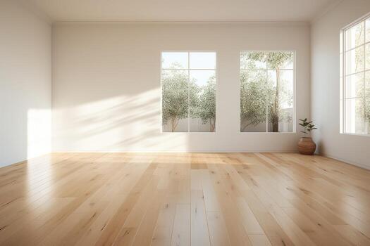 AI Generated Empty room and wall and wooden floor with interesting with glare from the window. Interior background for the presentation. Generative AI photo