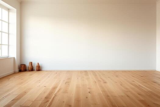 AI Generated Empty room and wall and wooden floor with interesting with glare from the window. Interior background for the presentation. Generative AI photo