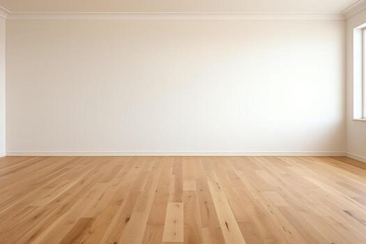 AI Generated Empty room and wall and wooden floor with interesting with glare from the window. Interior background for the presentation. Generative AI photo