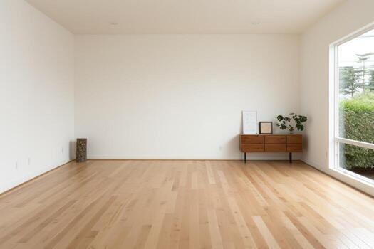 AI Generated Empty room and wall and wooden floor with interesting with glare from the window. Interior background for the presentation. Generative AI photo