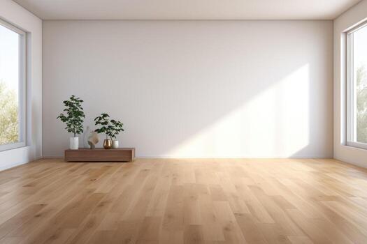 AI Generated Empty room and wall and wooden floor with interesting with glare from the window. Interior background for the presentation. Generative AI photo
