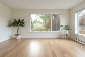 ai generado vacío habitación y pared y de madera piso con interesante con destello desde el ventana. interior antecedentes para el presentación. generativo ai foto