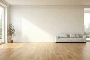 AI Generated Empty room and wall and wooden floor with interesting with glare from the window. Interior background for the presentation. Generative AI photo