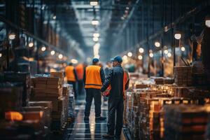 AI Generated A large warehouse with rows of multiple stacks of boxes and merchandise, forklift loads pallets and boxes in warehouse. Generative AI photo