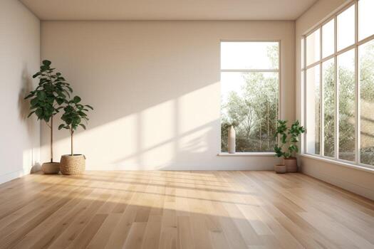 AI Generated Empty room and wall and wooden floor with interesting with glare from the window. Interior background for the presentation. Generative AI photo