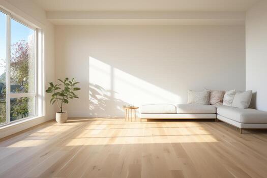 AI Generated Empty room and wall and wooden floor with interesting with glare from the window. Interior background for the presentation. Generative AI photo