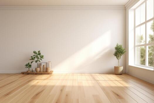 AI Generated Empty room and wall and wooden floor with interesting with glare from the window. Interior background for the presentation. Generative AI photo