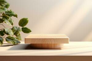 AI Generated Wooden and Nature podium and beautiful lighting. Background for product presentation. Generative AI photo