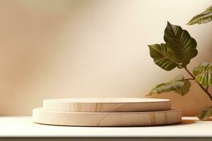 AI Generated Wooden and Nature podium and beautiful lighting. Background for product presentation. Generative AI photo