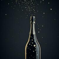 AI Generated Black champagne bottle silhouette golden bubbles explosion photo