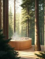 AI Generated outdoor bathhouse, SPA in forest photo