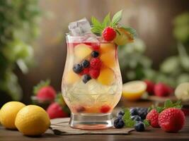 AI Generated Glass of alcohol cold coctail decorated with ice, fruit and mint staying on wood table. Fresh juice on background with lemon, strawberry, lime. photo