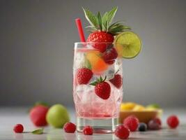 AI Generated Glass of alcohol cold coctail decorated with ice, fruit and mint staying on wood table. Fresh juice on background with lemon, strawberry, lime. photo