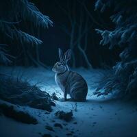 AI Generated rabbit in the night winter forest photo